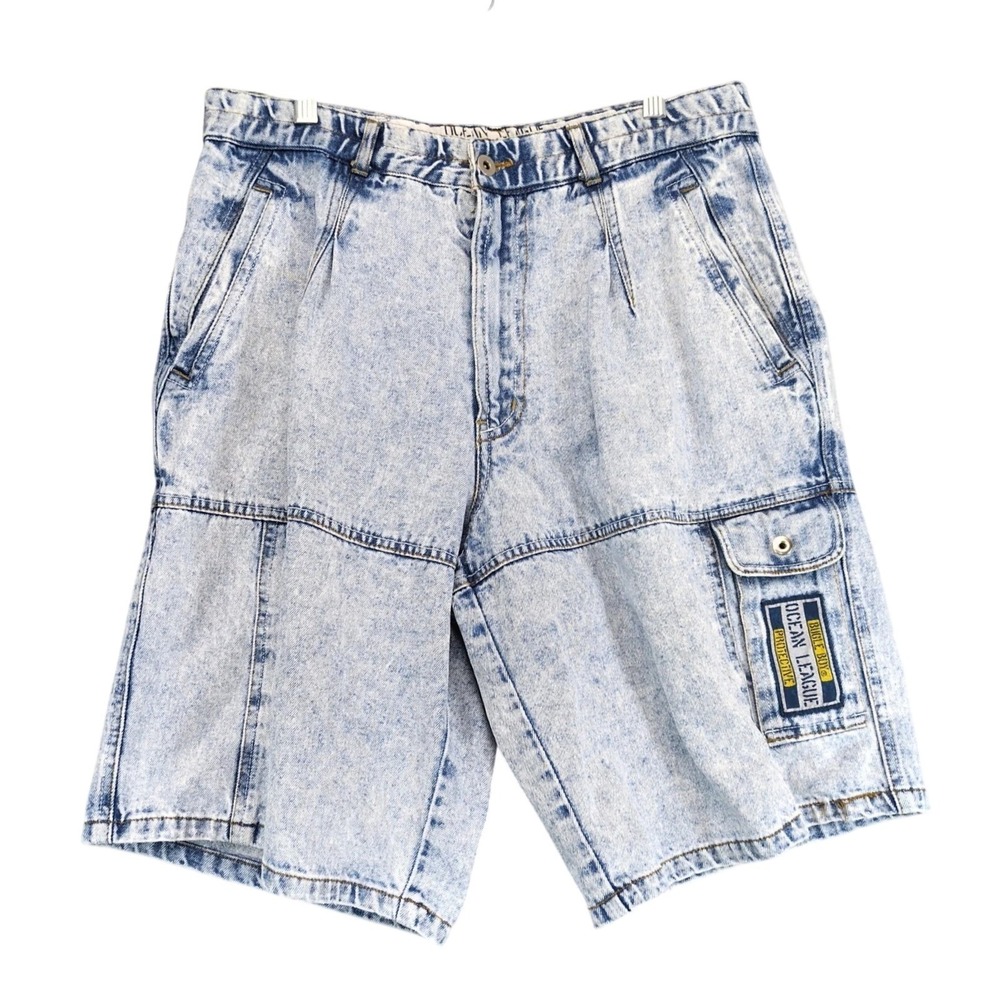 Vintage 90s Bugle Boy Ocean League Acid Wash Cargo Shorts Mens 32x11 Denim Retro